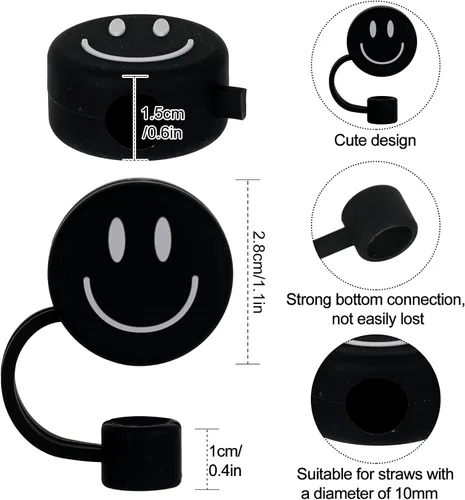Vista 2 de Whaline 6 fundas de paja negras con diseño de sonrisa de 0.4 pulgadas, de silicona, reutilizables, redondos, con patrón de doble cara, para vasos