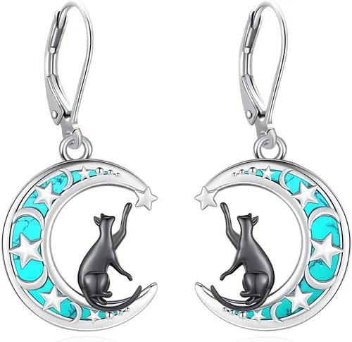 Vista 189 de Aretes colgantes de plata de ley con diseño de árbol de la vida, flor, abeja, animales, gato, colibrí, piedra lunar, turquesa, aretes con cierre