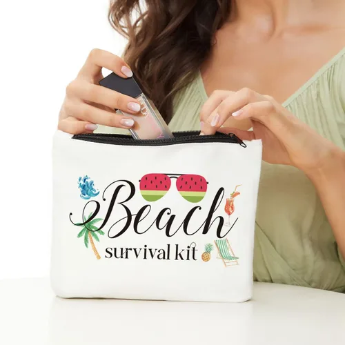 Vista 2 de JIUWEIHU Bolsa de maquillaje de playa para verano, kit esencial de supervivencia, bolsa de regalo inspirador para mujeres, varios temas, bolsas