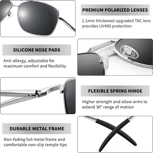 Vista 4 de URUMQI Lentes de sol de aviador polarizados cuadrados para hombre, lente de protección TAC UV400, pantallas de navegador piloto para conducir golf