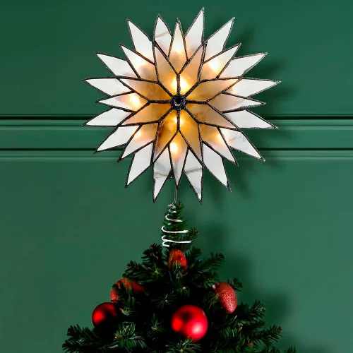 Vista 2 de Kurt Adler Estrella de árbol iluminada de 9 pulgadas con diseño Sunburst de Capiz y acabado plateado con brillo