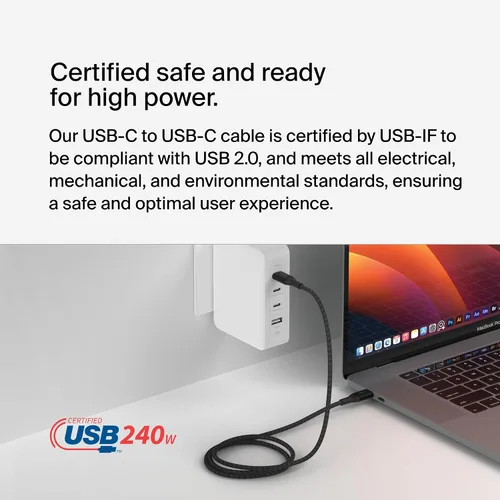 Vista 5 de Belkin BoostCharge - Cable USB C a USB C, cable de alimentación de carga rápida con cable de nailon trenzado, cabezal de aluminio anodizado, entrega