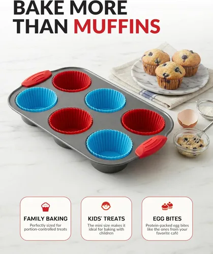 Vista 7 de Boxiki Kitchen Molde de acero antiadherente para magdalenas de 6 tazas con asas de silicona y forros reutilizables, perfecto para hornear magdalenas