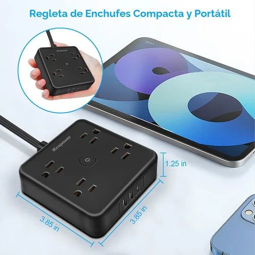 Vista 4 de Paquete de 2 regletas de alimentación de enchufe ultra plano, regletas de alimentación con protección contra sobretensiones, 4 tomas amplias, cable