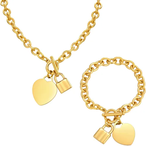 Vista 9 de VNOX Juego de collar de cadena de cable de acero inoxidable con nombre inicial personalizado con dije de corazón y cierre de palanca Dorado