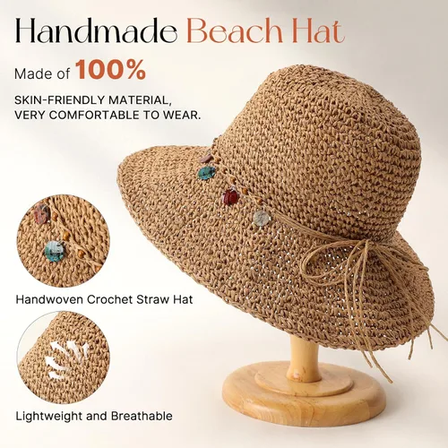 Vista 2 de Trifabricy Sombreros de paja de playa para mujer, sombrero de ala ancha con Shell - Caqui