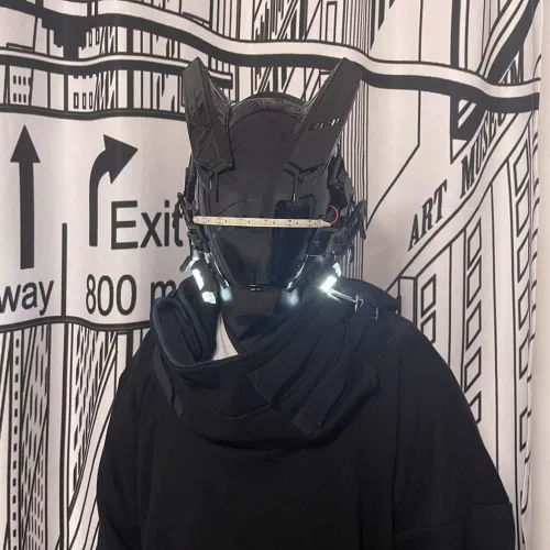 Vista 4 de Tira de luz LED blanca, máscara punk para hombre, máscara punk techwear, samurái, caballero, cosplay, casco futurista, máscara punk futurista