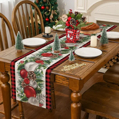 Vista 4 de Siilues Camino de mesa de Navidad, decoración de bolas de Navidad a cuadros, camino de Navidad para mesa, decoración de invierno de temporada