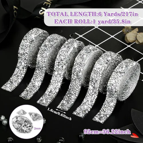 Vista 2 de 6 rollos de cintas de diamantes de imitación autoadhesivas, tiras de diamantes de imitación de resina plateada, calcomanías de diamantes