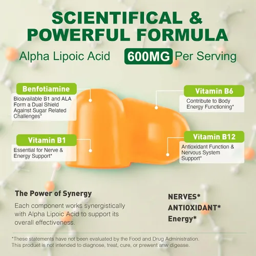 Vista 6 de Ácido R-alfa lipoico puro de 600 mg con benfotiamina para apoyo nervioso, apoyo antioxidante, suplemento ALA Gomitas de ácido alfa lipoico