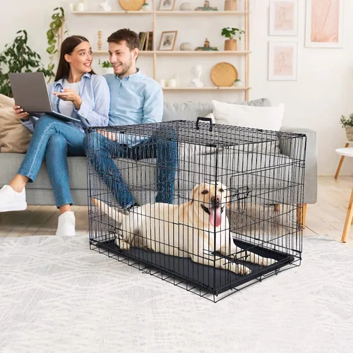 Vista 2 de Jaula de perro de doble puerta de 30/36/42 pulgadas plegable de alambre de metal con bandeja para perros pequeños/medianos/grandes, uso en viajes