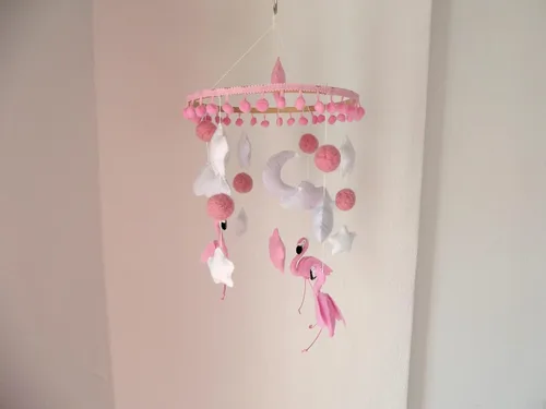Vista 3 de Móvil de cuna de flamenco para guardería, móvil de flamenco rosa, luna estrellas flamenco, cuna móvil de pájaros tropicales, móvil de dormitorio