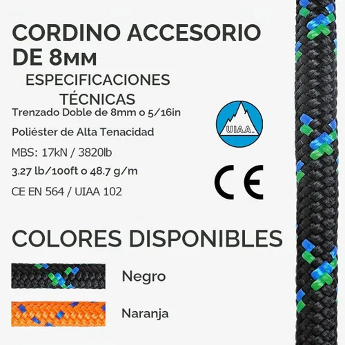 Vista 2 de GM CLIMBING 8mm (5/16in) Cuerda de Accesorio de Cuerda de Cordón Doble Trenzado Pre Cortada CE/UIAA