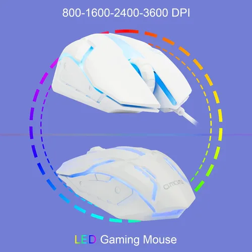 Vista 4 de CHONCHOW TKL - Teclado para juegos con cable de 87 teclas, retroiluminación LED arcoíris, teclado blanco y mouse 3200DPI Combo compatible con PC