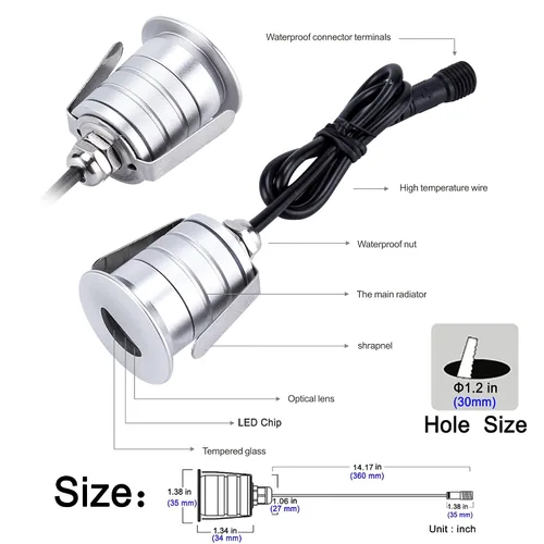 Vista 2 de Luces LED para exteriores e interiores, 1 W, 12 V-24 V CC, impermeable, IP67, aluminio, 3000 K blanco cálido, iluminación de escaleras, lámparas