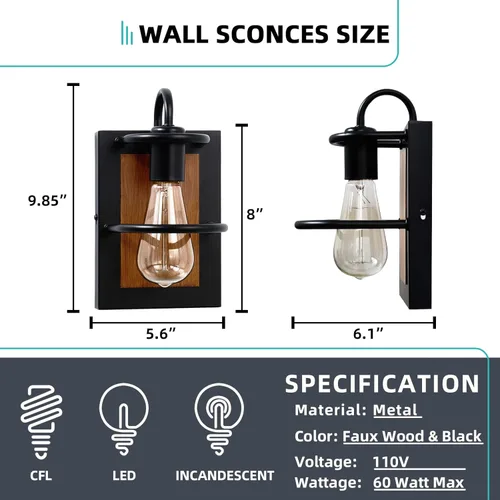 Vista 6 de Apliques de pared estilo granja, iluminación de pared industrial moderna en interior con base E26 color madera falso acabado negro mate, lámpara