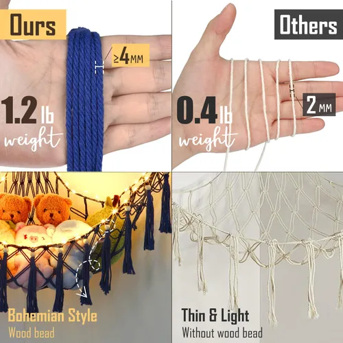 Vista 2 de Hamaca de animales de peluche, hamaca de macramé de almacenamiento de 55 pulgadas con 75 LED, red colgante para dormitorio de niños, organizador