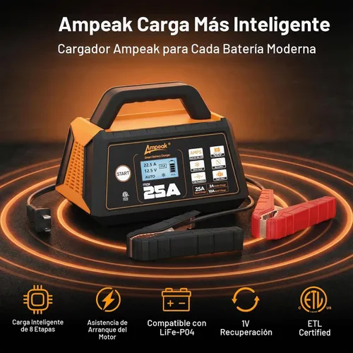 Vista 7 de Ampeak 25A 12V Battery Charger, 2/10/25A Smart Maintainer, ETL Certified 6 modos, carga de 8 etapas, pantalla LCD, modo invierno, desulfador
