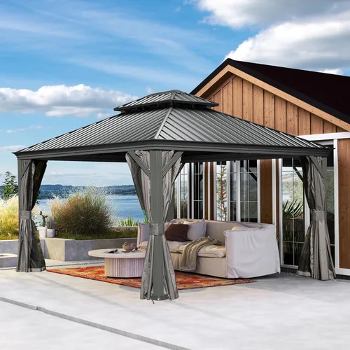 Vista 34 de Domi - Cenador de techo rígido de 8 x 8 pies con malla y cortinas, cenador para exteriores con techo doble de acero galvanizado para patio, césped