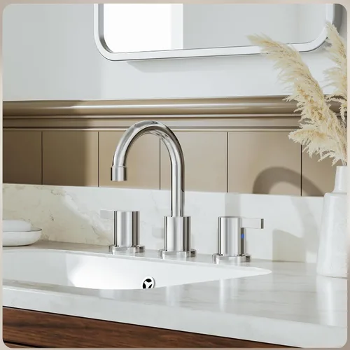 Vista 9 de Phiestina Grifo de baño cromado extendido de 8 pulgadas con 3 orificios, grifo de tocador de baño de 2 manijas con desagüe emergente de metal
