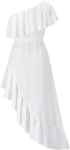 Vista 7 de LFEOOST Vestido largo con volantes para mujer, sexy, casual, con un solo hombro, cintura elástica, dobladillo asimétrico, fruncido y fluido
