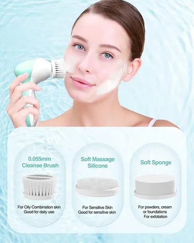 Vista 3 de TOUCHBeauty Juego de cepillos faciales portátiles con estuche y 3 cabezales de cepillo giratorio, cerdas de limpieza de poros profundos de 0.002 in