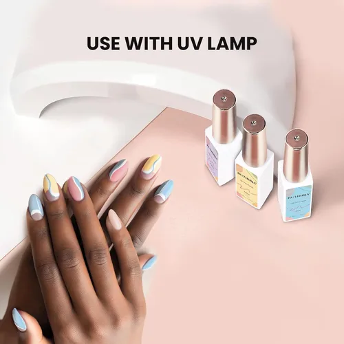 Vista 6 de Juego de 4 esmaltes de gel para arte de uñas, color amarillo, rosa, azul, morado, con pincel fino para arte de uñas en botella, uso con lámpara LED
