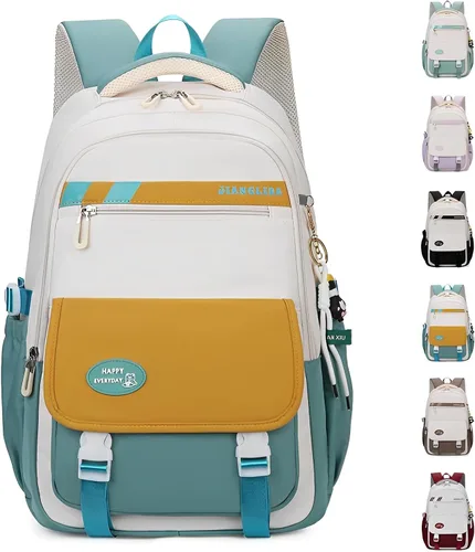 Vista 8 de Mochila Kawaii con bonitos accesorios, protección para la columna vertebral, antiladrón, bonita bolsa de libro estética, Verde (Mint Green), Kawaii