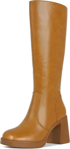 Vista 13 de SOVANYOU Botas de cuero negro Botines de plataforma para mujer Botas de tacón cuadrado con plataforma Botas de tacón grueso con punta cuadrada Botas