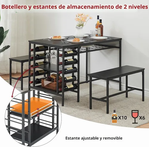 Vista 4 de IDEALHOUSE Juego de mesa de comedor para 4, juego de mesa de cocina para 4 con 2 bancos, juego de mesa de comedor rectangular con estante para Negro