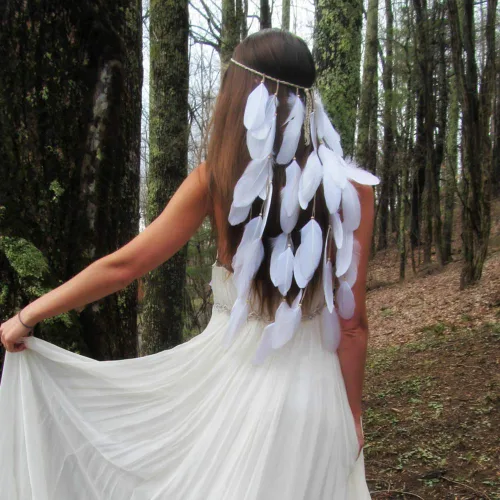 Vista 3 de Diadema de plumas blanca hippie india boho bandas para el pelo borla bohemia Halloween pelo aro mujeres damas corona diadema decoración fiesta