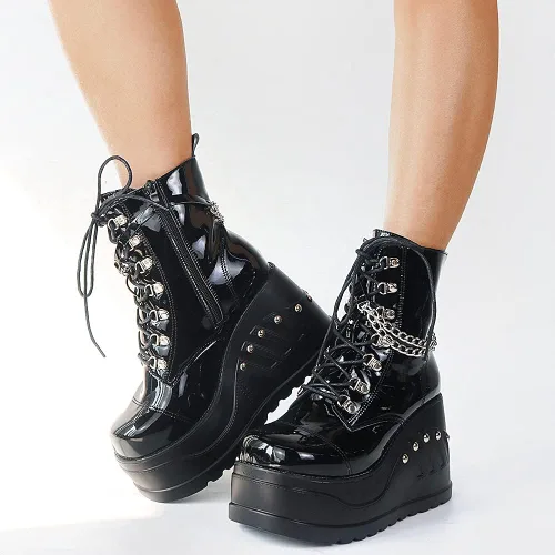 Vista 5 de Erocalli Botas de plataforma góticas para mujer con cordones con cadena botines cortos con tachuelas