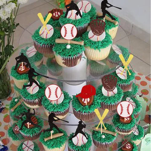 Vista 4 de 24 piezas de adornos para cupcakes de béisbol con purpurina, jugadores de béisbol, temática deportiva, adornos para magdalenas, temática deportiva