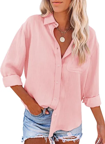Vista 4 de siliteelon Camisas con botones para mujer, camisas de vestir de algodón, blusas de manga larga, blusas sólidas casuales con cuello con bolsillos