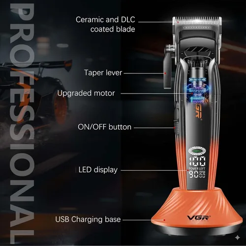 Vista 7 de VGR 889C - Cortadora de pelo profesional para hombres, 9000 rpm, inalámbrica, con cuchillas de cerámica y MIM, 6 peines guía magnéticos, pantalla
