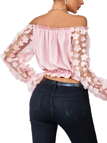 Vista 2 de LYANER Blusa corta de manga larga con volantes y hombros descubiertos para mujer