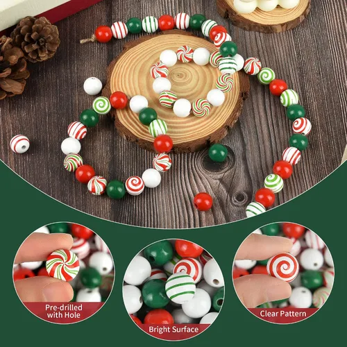 Vista 5 de 240 cuentas de madera de Navidad de bastón de caramelo, cuentas de madera de remolino de menta de Navidad, cuentas redondas de 0.630 in para Navidad