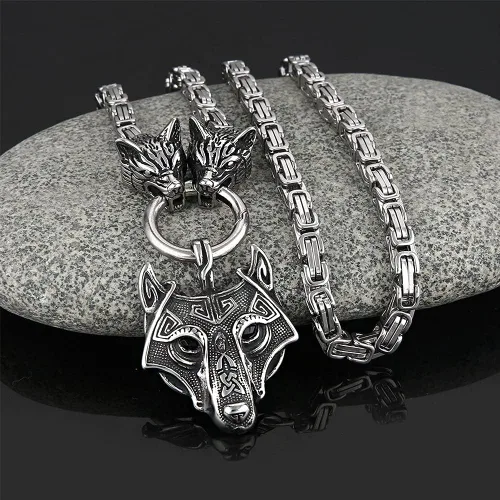 Vista 3 de Collar con colgante de lobo vikingo, cadena de rey bizantino para hombre, cadena de repuesto de 3.9in, amuleto de fenrir de acero de titanio sólido