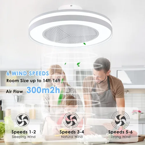 Vista 4 de Ventiladores de techo inteligentes de bajo perfil con control remoto/APP de 3 luces regulables, ventiladores de techo sin aspas de 20" con 6