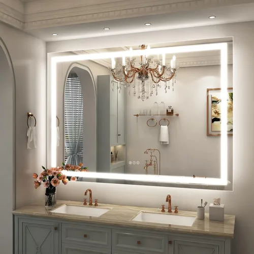 Vista 42 de Espejo de baño LED iluminado de 30 x 30 pulgadas para pared, espejo cuadrado de tocador con luces, regulable, antivaho, a prueba de roturas