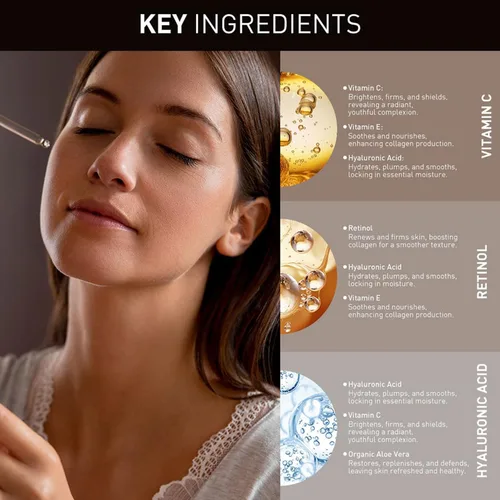 Vista 5 de Juego de 3 sueros faciales – Incluye vitamina C, retinol y ácido hialurónico – Reafirmante, ilumina e hidrata – Restablece tu piel día y noche
