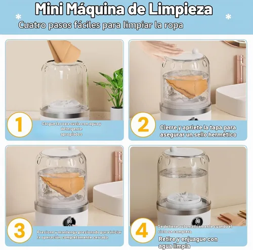 Vista 4 de Mini lavadora portátil, color blanco, capacidad de 2 litros, control táctil digital, diseño compacto para ropa interior y prendas delicadas