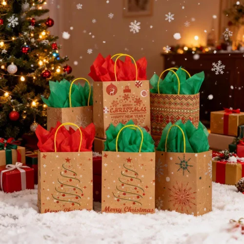 Vista 8 de 24 bolsas de regalo de papel kraft de Navidad con 24 papeles de seda, bolsas de dulces navideños de 7 x 8.6 x 3 pulgadas con asas, bolsas de dulces