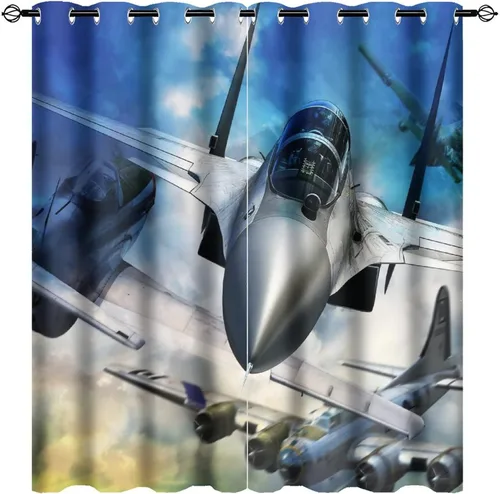 Vista 17 de Cortinas opacas con diseño de avión para dormitorio, hermoso estampado de combatientes de puesta de sol, con ojales, aislamiento térmico, cortinas