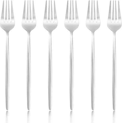 Vista 9 de Juego de 6 tenedores de postre de acero inoxidable de 3 dientes, juego de tenedores para frutas y tartas, 5.31 pulgadas, color plateado