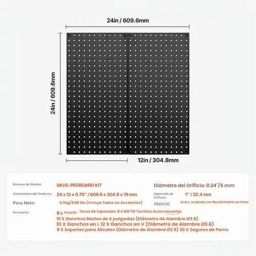 Vista 7 de VEVOR Paneles de metal con clavijas, tablero perforado de 24" x 12", 2 paneles, organizador de pared resistente con accesorios, para sala de estar