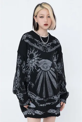Vista 5 de Suéter gótico, suéter oscuro, suéter Harajuku, ropa deportiva, casual, con estampado de cabeza, suéter térmico de calle, hip hop