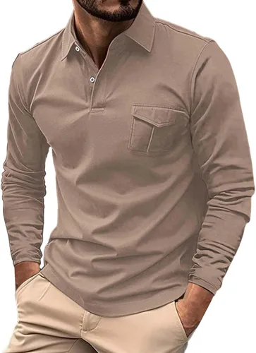 Vista 8 de Polo de manga larga para hombre, diseño casual de algodón con bolsillo, cuello clásico con botón para golf