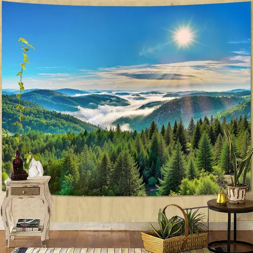 Vista 2 de Zussun Tapiz de Bosque Natural de Montaña Tapiz Verde de Pino Luz Solar Selva para Dormitorio Estético Planta Paisaje de Montaña Tapices Pequeños