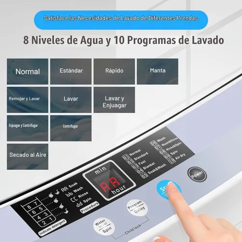 Vista 3 de COSTWAY Lavadora portátil, capacidad de 12 libras, lavadora completamente automática con 10 programas de lavado, pantalla LED, 8 niveles de agua